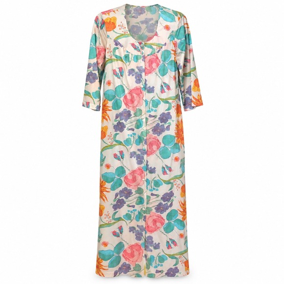Unbranded Other - Vintage 70s Watercolor Floral Hostess Gown Maxi Dress Button Front Lounge Robe S